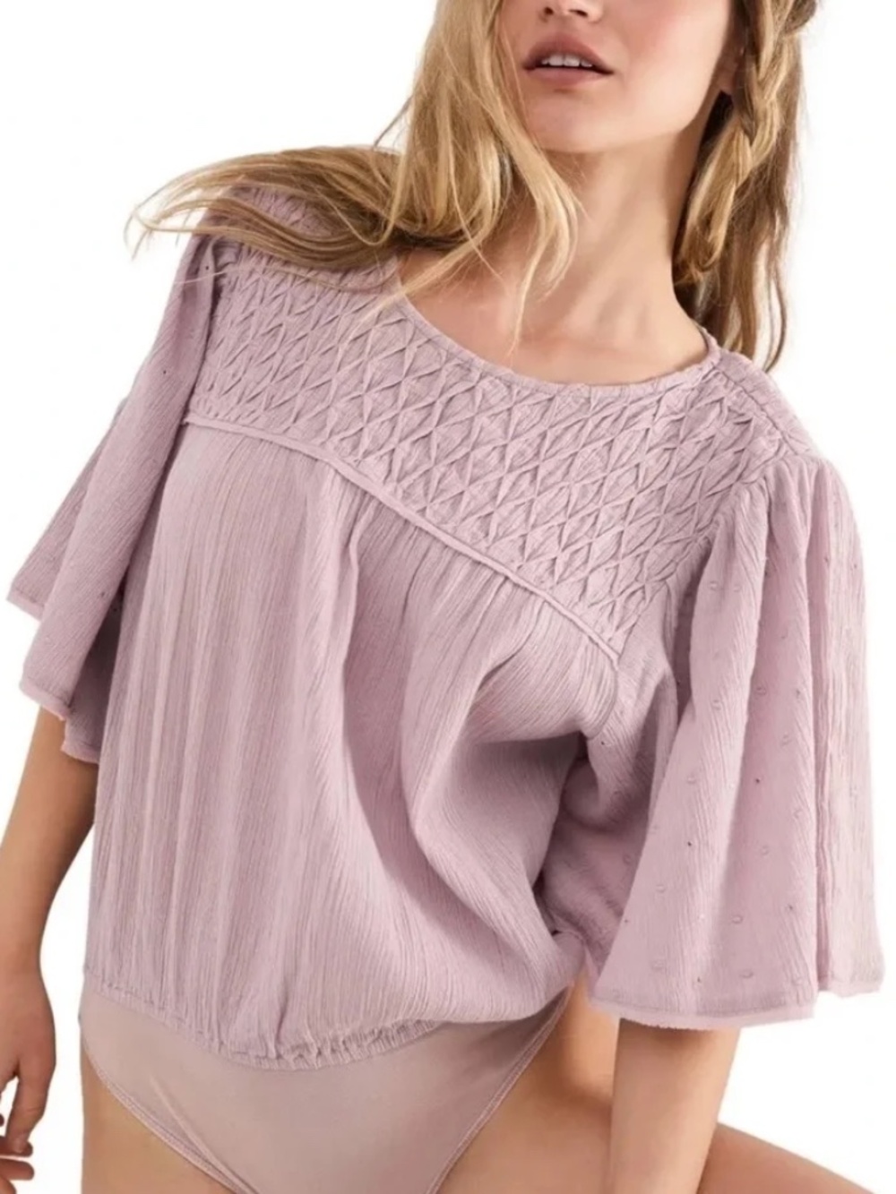 Free People Perfect Catch Bodysuit Flowy Blouse Silverberry Light Purple Sz S